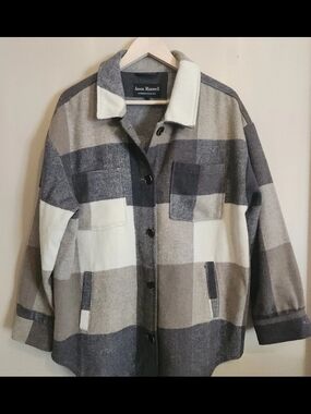 J49 Jason Maxwell Outerwear Collection- tan gray & cream plaid jacket w fringe